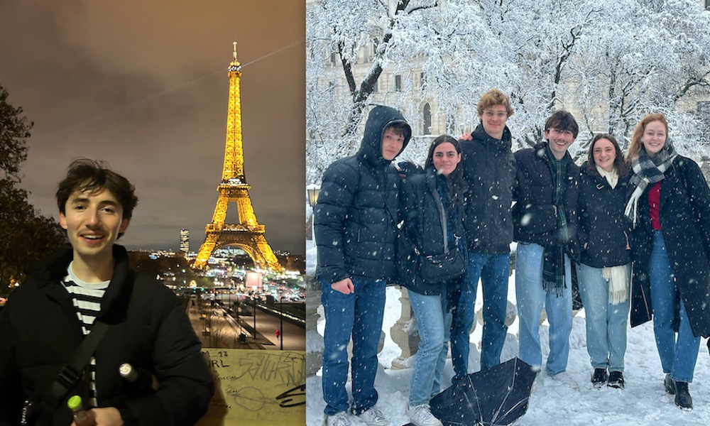 two photos of 91̽ student Peter; first in Paris with the Eiffel Tower at night, second Peter and a group of friends outdoors in snow