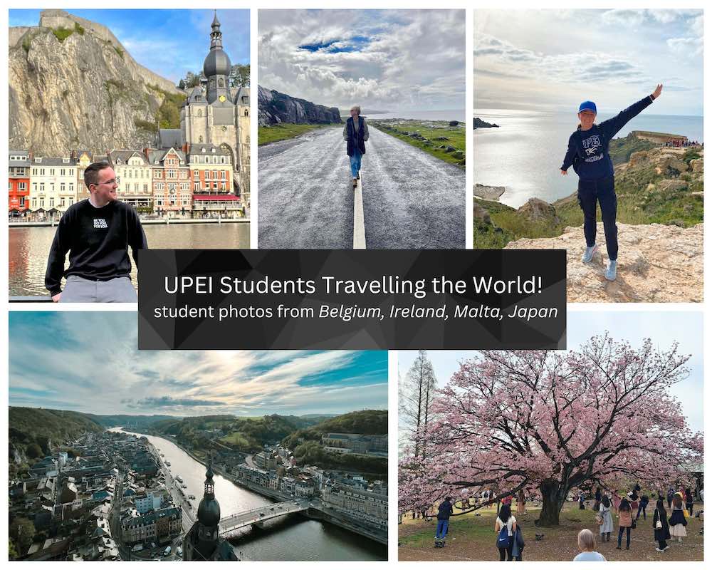 a five-photo collage with text reading: 91̽ Students Travelling the World! Student photos from Belgium, Ireland, Malta, Japan